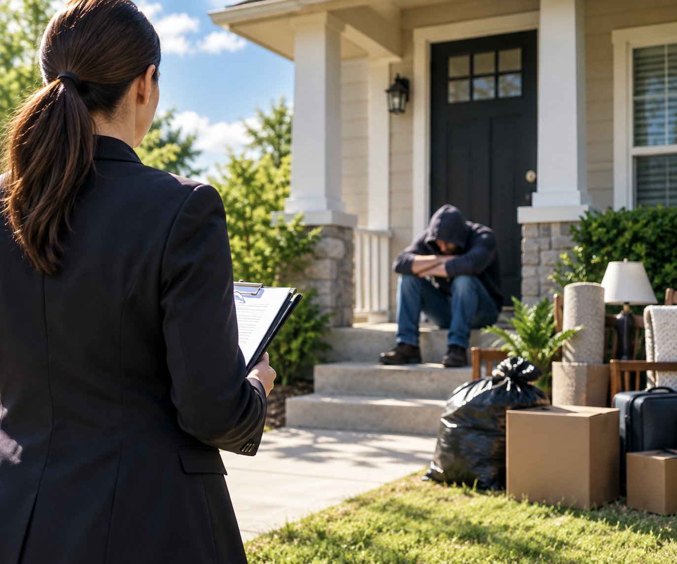 Professional process server approaching a home to remove a squatter lawfully